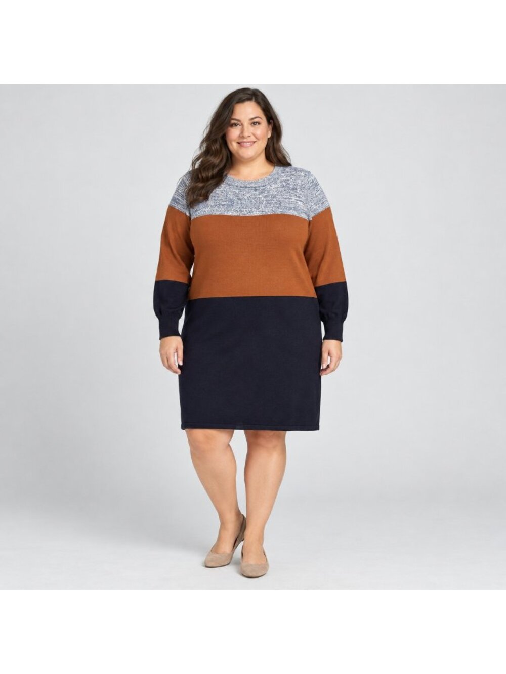 Talbots Plus Sweater Dress Plus 1X Colorblock Gray Brown Navy Cotton Rayon